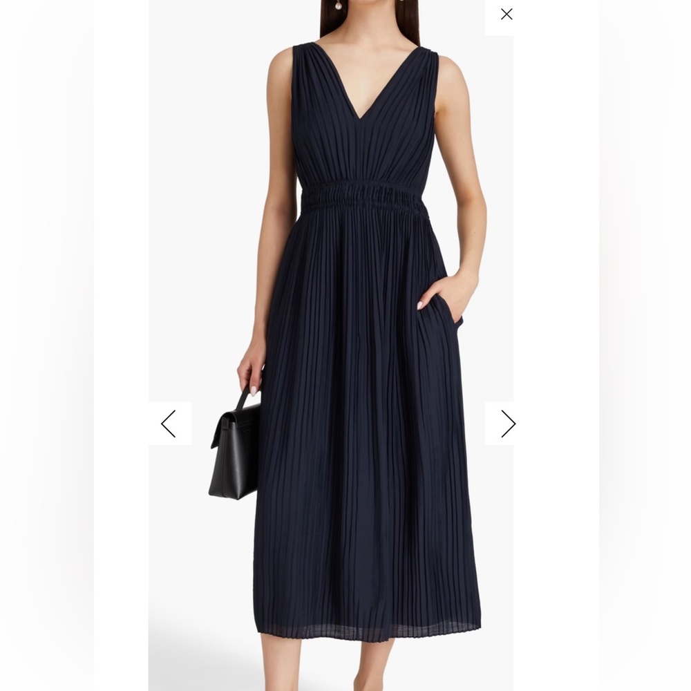 Vince Navy Pleated Double V-Neck Midi Dress Size S NWT